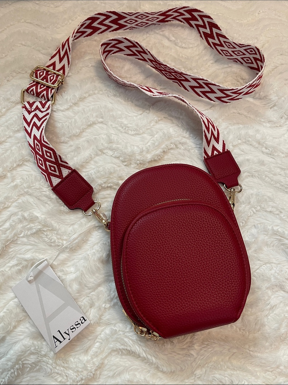 NWT Red Crossbody Three Section Vegan Bag with Patterned Strap